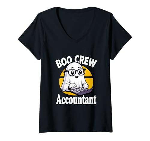 Damen Boo Crew Accountant Lustiger Halloween-Ghost Buchhalter-Mütze T-Shirt mit V-Ausschnitt Damen Boo Crew Accountant Lustiger Halloween-Ghost Buchhalter-Mütze T-Shirt mit V-Ausschnitt von MAGDesigns Ltd. - Halloween 2025 Apparel