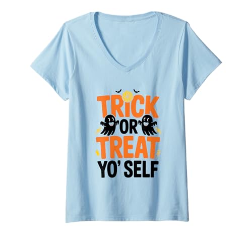 Damen Süßes oder gönn dir selbst Halloween-Grusel-Saison-Stimmung T-Shirt mit V-Ausschnitt Damen Süßes oder gönn dir selbst Halloween-Grusel-Saison-Stimmung T-Shirt mit V-Ausschnitt von MAGDesigns Ltd. - Halloween 2025 Apparel
