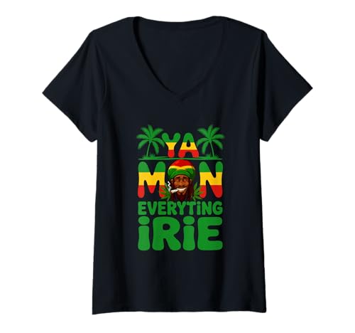 Damen Ya Mon Everything Irie Jamaikanisches Patois Rasta Hanfrauchen T-Shirt mit V-Ausschnitt Damen Ya Mon Everything Irie Jamaikanisches Patois Rasta Hanfrauchen T-Shirt mit V-Ausschnitt von MAGDesigns Ltd. - Jamaican Vacation Ready Apparel