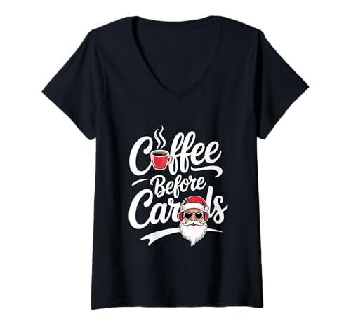Damen Coffee Before Carols Lustiger Koffein-Liebhaber Weihnachten Humor T-Shirt mit V-Ausschnitt Damen Coffee Before Carols Lustiger Koffein-Liebhaber Weihnachten Humor T-Shirt mit V-Ausschnitt von MAGDesigns Ltd. - Merry Christmas 2025 Apparel
