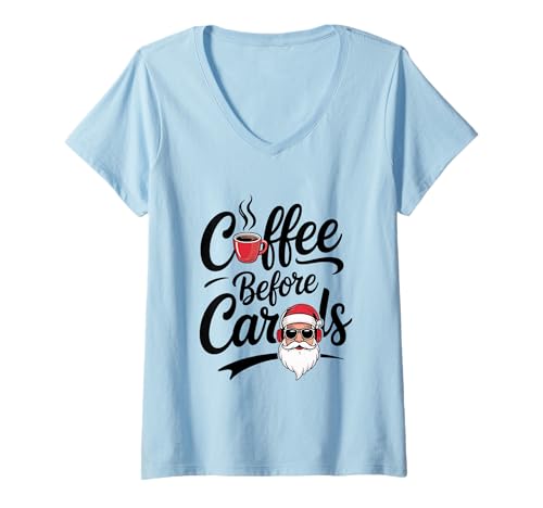 Damen Coffee Before Carols Lustiger Koffein-Liebhaber Weihnachten Humor T-Shirt mit V-Ausschnitt Damen Coffee Before Carols Lustiger Koffein-Liebhaber Weihnachten Humor T-Shirt mit V-Ausschnitt von MAGDesigns Ltd. - Merry Christmas 2025 Apparel