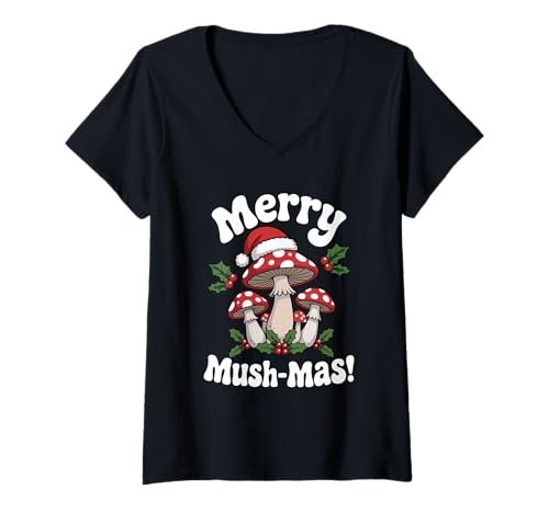Damen Frohe Mush-Mas Cottagecore Weihnachten Cozy Woodland Mycophile T-Shirt mit V-Ausschnitt Damen Frohe Mush-Mas Cottagecore Weihnachten Cozy Woodland Mycophile T-Shirt mit V-Ausschnitt von MAGDesigns Ltd. - Merry Christmas 2025 Apparel