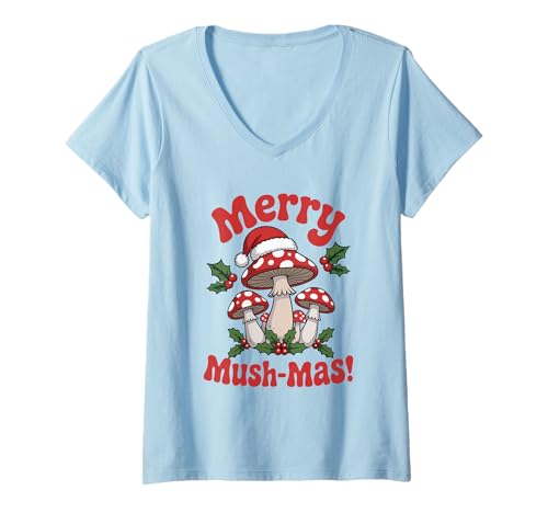 Damen Frohe Mush-Mas Cottagecore Weihnachten Cozy Woodland Mycophile T-Shirt mit V-Ausschnitt Damen Frohe Mush-Mas Cottagecore Weihnachten Cozy Woodland Mycophile T-Shirt mit V-Ausschnitt von MAGDesigns Ltd. - Merry Christmas 2025 Apparel