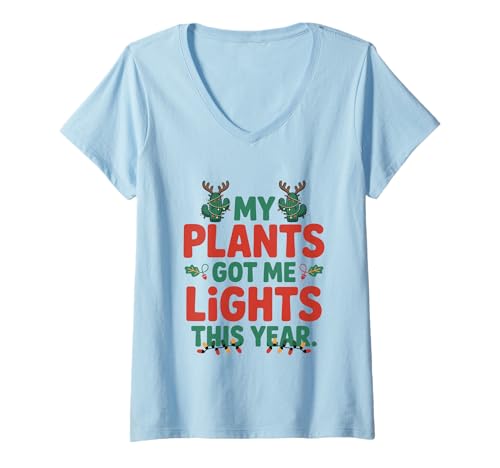 Damen Meine Pflanzen haben Mir Lichter, Pflanzenerziehung, Weihnachten, Phytophil T-Shirt mit V-Ausschnitt von MAGDesigns Ltd. - Merry Christmas 2025 Apparel