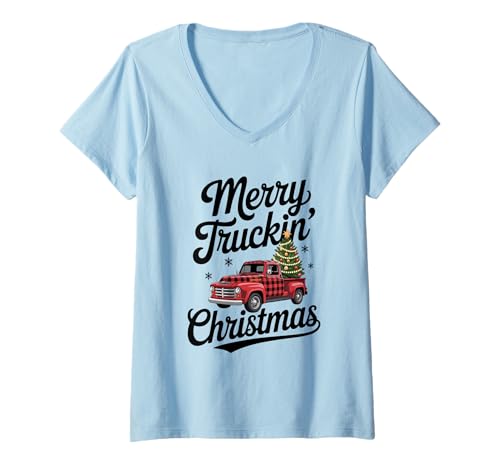 Damen Merry Truckin' Christmas Klassischer Pick-up-Truck mit Büffelmuster T-Shirt mit V-Ausschnitt von MAGDesigns Ltd. - Merry Christmas 2025 Apparel