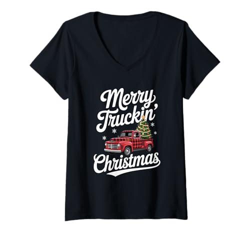 Damen Merry Truckin' Christmas Klassischer Pick-up-Truck mit Büffelmuster T-Shirt mit V-Ausschnitt Damen Merry Truckin' Christmas Klassischer Pick-up-Truck mit Büffelmuster T-Shirt mit V-Ausschnitt von MAGDesigns Ltd. - Merry Christmas 2025 Apparel