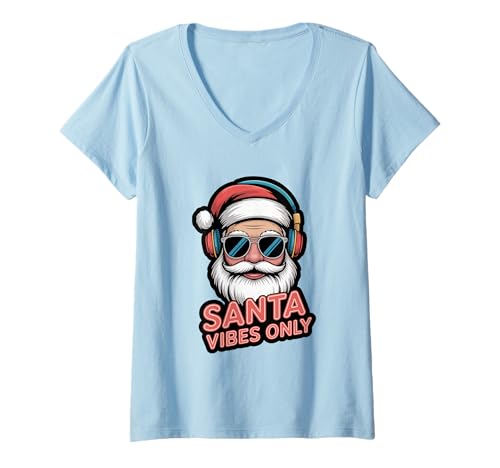 Damen Santa Vibes Only Lustige Popkultur-Weihnachtsfeier T-Shirt mit V-Ausschnitt von MAGDesigns Ltd. - Merry Christmas 2025 Apparel