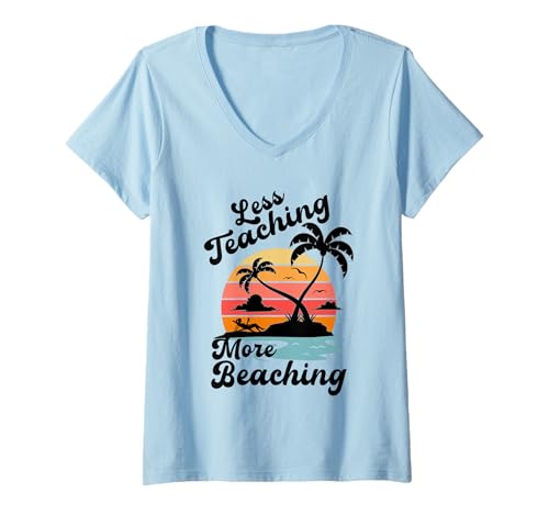 Damen Weniger Unterricht, mehr Strandlehrer im Urlaub, Strandsommer T-Shirt mit V-Ausschnitt Damen Weniger Unterricht, mehr Strandlehrer im Urlaub, Strandsommer T-Shirt mit V-Ausschnitt von MAGDesigns Ltd. - Summertime Vacation Apparel
