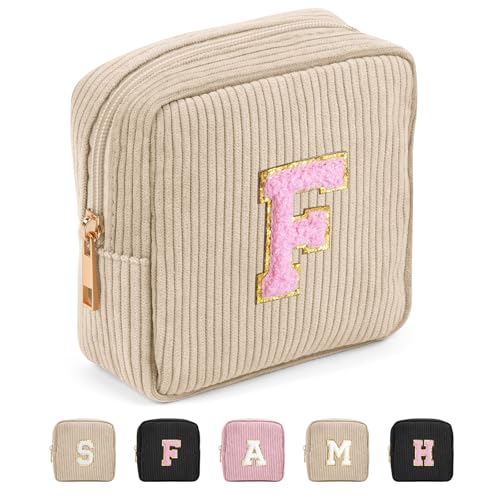 Cord Kosmetiktasche MAGEFY Kleine Make up Tasche für Handtasche Mini Schminktasche für Frauen Reise Personalisierte Letter Kosmetiktasche Kleine, Beige-F von MAGEFY