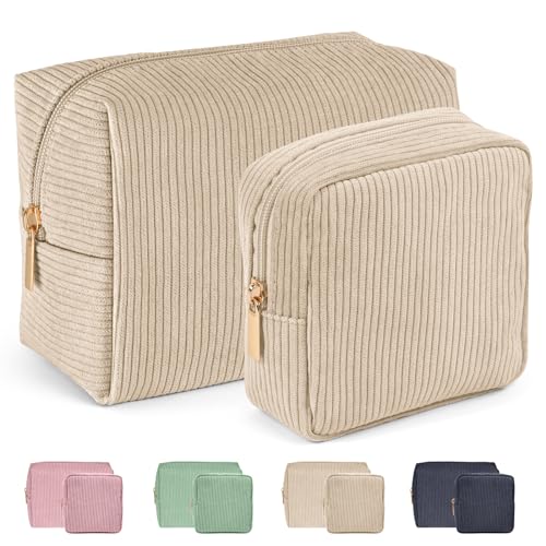 Kleine Kosmetiktasche MAGEFY 2 Pcs Kleine Make up Tasche Kosmetiktaschen für Frauen Cord Schminktasche Reise Kosmetiktaschen mit Metall Reißverschluss Make up Tasche für Handtasche (Beige) von MAGEFY