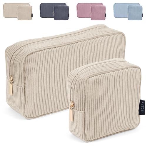 MAGEFY 2 Pcs Kleine Make up Tasche für Handtasche, Cord Make up Tasche mit Fächern Reise Make up Tasche für Mädchen Frauen (Beige) von MAGEFY