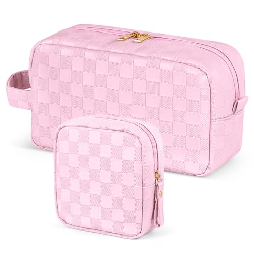 MAGEFY 2er Set Kosmetiktasche Kulturbeutel Damen wasserdichte PU-Leder Schminktasche Reise Make Up Tasche mit Fächer und Griff (Rosa) von MAGEFY