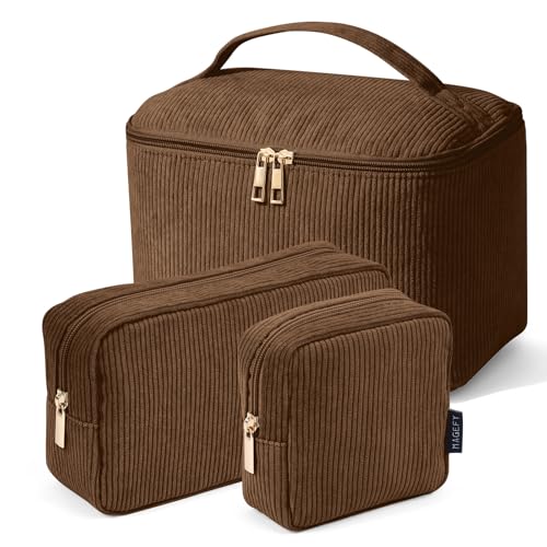 MAGEFY Kosmetiktasche Kleine Make up Tasche für Handtasche, Cord Schminktasche Damen mit Fächern Reise Makeup Tasche für Frauen (Brown) von MAGEFY