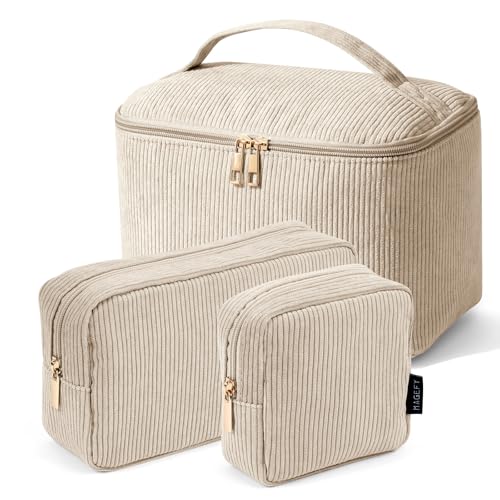MAGEFY 3er Set Kosmetiktasche Kulturtasche Damen, Cord Make up Tasche mit Fächern Reise Make up Tasche für Frauen (Beige) von MAGEFY