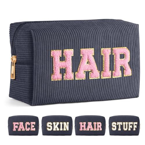 MAGEFY Chenille Letter Kleine Kosmetiktasche Make up Tasche für Handtasche Cord Make up Tasche mit Fächern Reise Make up Tasche für Mädchen Frauen, Schwarz-Hair von MAGEFY