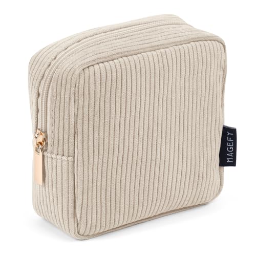 MAGEFY Kleine Make up Tasche für Handtasche Mini Kosmetiktasche Cord Make up Tasche für Frauen mit Fächern (Beige) von MAGEFY
