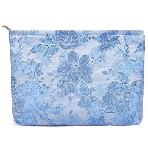 MAGEFY Kosmetiktasche für Damen, kleine Make-up-Tasche mit Blumenmuster, Leinen, mit Reißverschluss, niedliche Make-up-Tasche, Stil 2 - Blau von MAGEFY