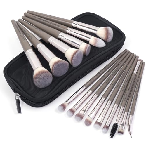 MAGEFY Make up Pinsel Set, 15 Stück, hochwertige synthetische Make-up-Pinsel mit Etui, Foundation, Puder, Concealer, Lidschatten, Makeup Pinsel Set (Champagner) von MAGEFY