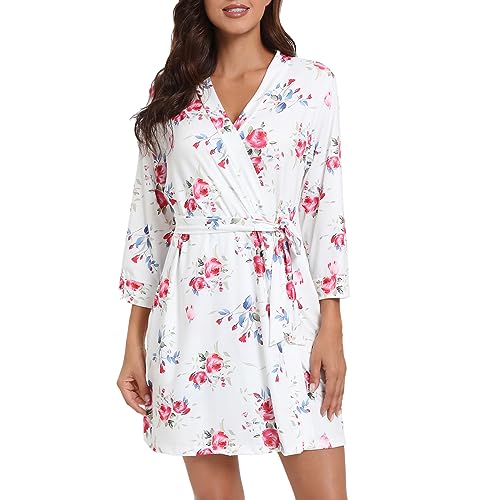 MAGIC ARMOR Damen Bademantel Für Damen Leichter 3/4 Ärmeln Bademantel Nachtwäsche Kimono Saunamantel mit Tiefer V-Ausschnitt Morgenmantel Schlafanzug PAT1 L von MAGIC ARMOR