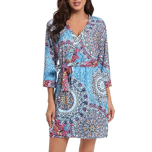 MAGIC ARMOR Damen Bademantel Für Damen Leichter 3/4 Ärmeln Bademantel Nachtwäsche Kimono Saunamantel mit Tiefer V-Ausschnitt Morgenmantel Schlafanzug PAT3 M von MAGIC ARMOR