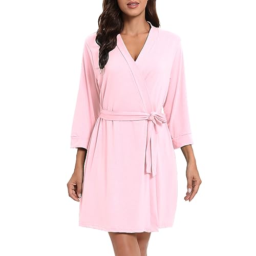 MAGIC ARMOR Damen Bademantel Für Damen Leichter 3/4 Ärmeln Bademantel Nachtwäsche Kimono Saunamantel mit Tiefer V-Ausschnitt Morgenmantel Schlafanzug Rosa L von MAGIC ARMOR