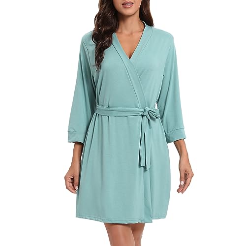 MAGIC ARMOR Damen Bademantel Für Damen Leichter 3/4 Ärmeln Bademantel Nachtwäsche Kimono Saunamantel mit Tiefer V-Ausschnitt Morgenmantel Schlafanzug Seladon grün XL von MAGIC ARMOR