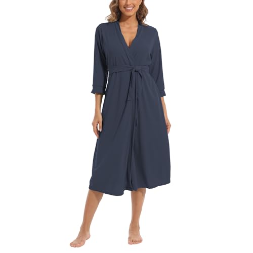 MAGIC ARMOR Damen Bademantel Leichter 3/4 Ärmeln Morgenmantel, Weich und V-Ausschnitt Kimono Roben Langes Nachtwäsche mit Taschen Navyblau XXL von MAGIC ARMOR
