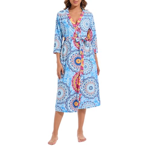MAGIC ARMOR Damen Bademantel Leichter 3/4 Ärmeln Morgenmantel, Weich und V-Ausschnitt Kimono Roben Langes Nachtwäsche mit Taschen PAT1 XXL von MAGIC ARMOR