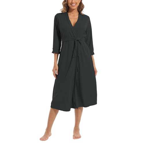 MAGIC ARMOR Damen Bademantel Leichter 3/4 Ärmeln Morgenmantel, Weich und V-Ausschnitt Kimono Roben Langes Nachtwäsche mit Taschen Schwarz M von MAGIC ARMOR