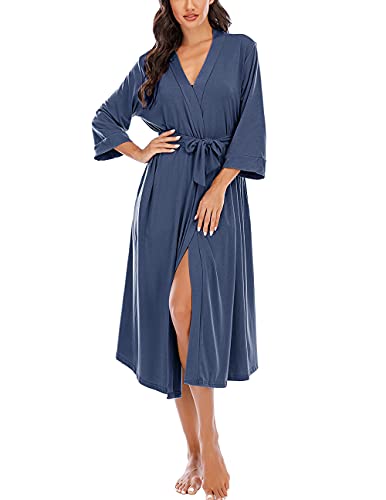 MAGIC ARMOR Bademantel Für Damen Leichter/Damen Morgenmantel,3/4 Ärmeln Morgenmantel V-Ausschnitt Kimono Roben Langes Nachthemd für Nachtwäsche,Navyblau L von MAGIC ARMOR