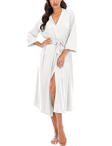 MAGIC ARMOR Bademantel Für Damen Leichter/Damen Morgenmantel,3/4 Ärmeln Morgenmantel V-Ausschnitt Kimono Roben Langes Nachthemd für Nachtwäsche,Weiß L von MAGIC ARMOR