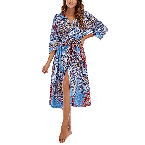 MAGIC ARMOR Damen Bademantel Leichter/Frauen Morgenmantel,3/4 Ärmeln Morgenmantel V-Ausschnitt Kimono Roben Langes Nachthemd für Nachtwäsche,PAT3 S von MAGIC ARMOR