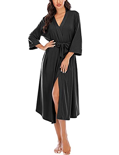 MAGIC ARMOR Bademantel Für Damen Leichter/Damen Morgenmantel,3/4 Ärmeln Morgenmantel V-Ausschnitt Kimono Roben Langes Nachthemd für Nachtwäsche,Schwarz M von MAGIC ARMOR