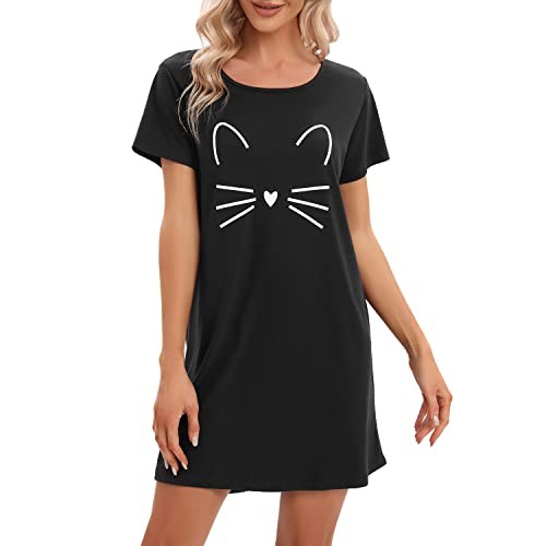 MAGIC ARMOR Damen Nachthemd Baumwolle Kurzarm Nachtwäsche Negligees Schlafhemd T-Shirt Sleepshirt M (M, A-schwarz) von MAGIC ARMOR