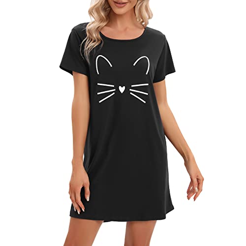 Damen Nachthemd Baumwolle Kurzarm Nachtwäsche Negligees Schlafhemd T-Shirt Sleepshirt M (M, A-schwarz) von MAGIC ARMOR