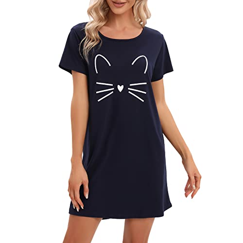 MAGIC ARMOR Damen Nachthemd Kurzarm Frauen Nachtwäsche Negligees Schlafhemd Schlaf-T-Shirt mit kurzen Ärmeln Schlafshirt S-XXL,Navyblau S von MAGIC ARMOR