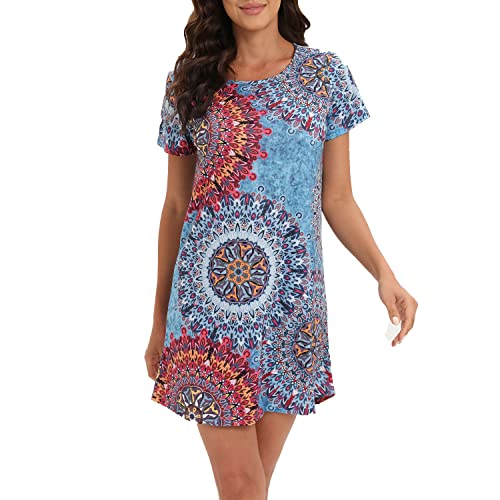 MAGIC ARMOR Damen Nachthemd Kurzarm Frauen Nachtwäsche Negligees Schlafhemd Schlaf-T-Shirt mit kurzen Ärmeln Schlafshirt S-XXL,PAT4 S von MAGIC ARMOR