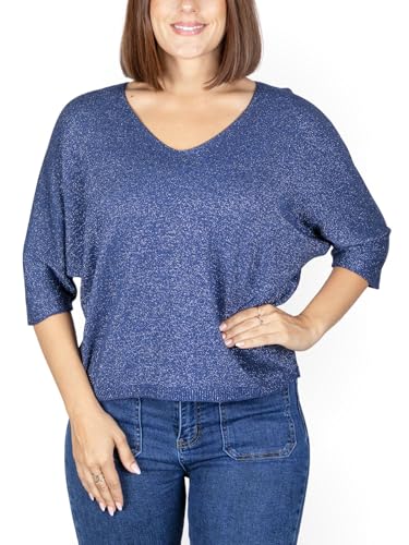 Damen T-Shirt mit Halben Ärmeln. Fein Gestrickte Bluse mit Glitzer für Frühling und Herbst. T-Shirt mit V-Ausschnitt. Einheitsgröße von MAGIC SELECT