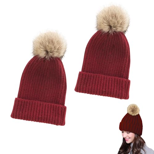 MAGIC SELECT 2X Strickmütze mit Pompon. Gerippte Mütze für Damen. Wintermütze aus Wolle mit abnehmbarem Pompon. (Erwachsene Einheitsgröße) von MAGIC SELECT