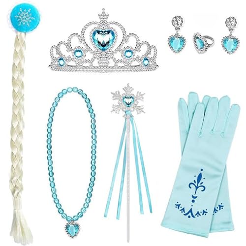 MAGIC SELECT Prinzessin Kostüme Set 7-teilig: Ring, Ohrringe, Handschuhe, Zauberstab mit Schneeflocke, Krone, Haarspange mit Blondem Zopf für Mädchen von 3 bis 10 Jahren. Prinzessin-Zubehörset. von MAGIC SELECT