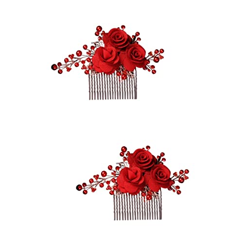 MAGICLULU 2St florale Haarnadel Braut Haarkamm Blumen-Haarschmuck Hochzeit Haarkamm Tiara Kopfschmuck für die Braut Brauteinsatzkamm Hochzeitskleid Kopfbedeckung Zubehör rot von MAGICLULU