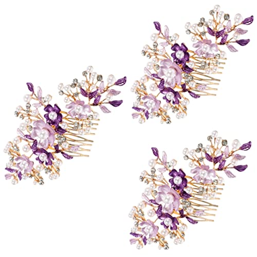 MAGICLULU 3st Haarpfropfen Braut Stirnband Haarkämme Mit Perlenblumen Föhnbürste Mädchen Stirnbänder Haarperlen Hochzeitshaarspange Für Bräute Kamm Fräulein Die Blumen Violett Haare Hoch von MAGICLULU