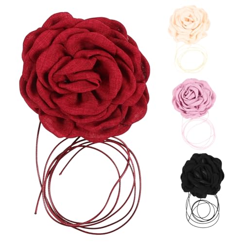 MAGICLULU 4 Stück Teiliges Rosenblüten Choker mit Großen Stoffblumen Leichte und Bequeme Halskette für Damen Modisches Design Vielseitig Kombinierbar für Trendbewusste Frauen von MAGICLULU