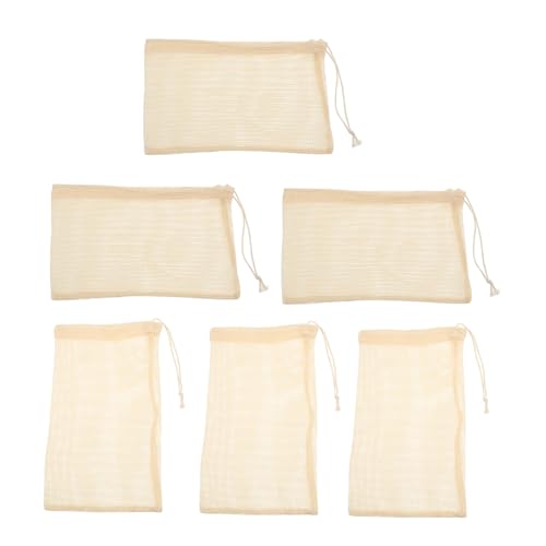 MAGICLULU 6 Stück Netzbeutel für Obst und Gemüse Beutel mit Kordelzug aus Baumwolle Zugband aus Baumwolle Obstkorb wiederverwendbarer Netzbeutel Mesh-Gemüsebeutel Beige von MAGICLULU