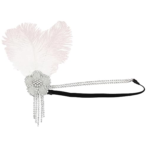 MAGICLULU Feder Quaste Stirnband Great Gatsby Stirnbänder Für Damen Schwarz Kopfschmuck Für Den Abschlussball Florale Haargummis Flapper Braut Modern Weiß Kunstfeder Zubehör von MAGICLULU