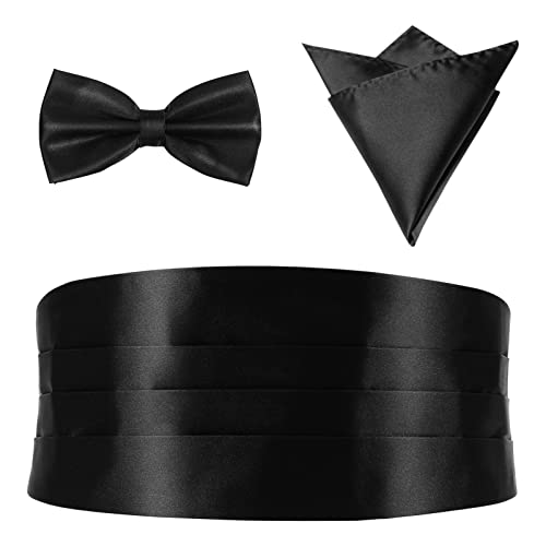 MAGICLULU Fliege-Set, Einstecktuch Smoking Gürtel 3-Teiliges Accessoire-Set Mit Fliege Herren Kummerbund Cumberbund Im Glatt Glatter Cumberbund von MAGICLULU
