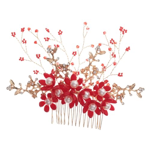 MAGICLULU Haarkamm Hochzeitskopfschmuck für die Braut Hochzeit Haarspange Perlenkamm-Clip elegant haar spangen haarklammer Tiara Haarschmuck Haar Kopfbedeckung Hanfu Ausgabekarte Damen rot von MAGICLULU