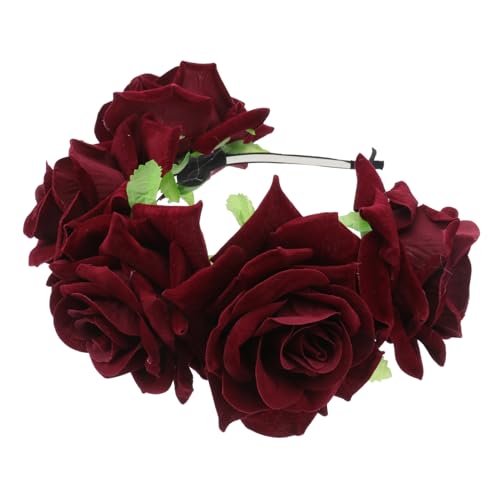 MAGICLULU Brautkopfschmuck Mit Blumen Mexikanisches Blumenstirnband Tag Der Toten Kopfbedeckung Tag Der Toten Haarschmuck Floraler Haarreif Halloween-blumen-stirnband Damen Schal Rosen Rot von MAGICLULU