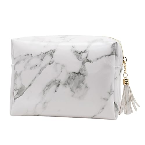 MAGICLULU Kosmetiktasche Mit Quastenbesatz Tragbar Aufbewahrungstasche Für Damen Marmormuster Größe L Weiß von MAGICLULU