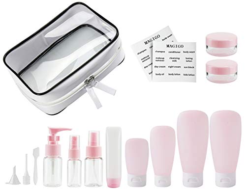 MAGIGO Pink Toiletry Leak Proof Travel Bottle Set (16pcs) TSA Approved Carry-on with Clear Pockets for Women von MAGIGO